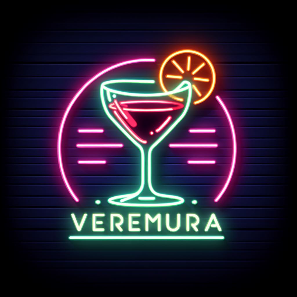 create image: Vermuteria neon logo | Glass of Vermouth | flat illustration | synthwave palette | dark plain background --style 6Od0hK25v1oU --s 750