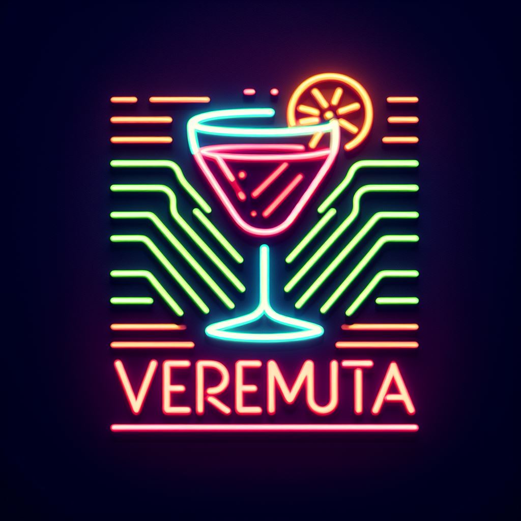 create image: Vermuteria neon logo | Glass of Vermouth | flat illustration | synthwave palette | dark plain background --style 6Od0hK25v1oU --s 750