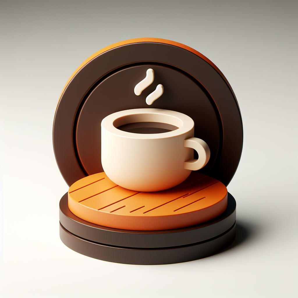 create a logo minimalistic 3d, logo, cup of coffee, table, orange, brown and black, white background --ar 16:9 --s 50